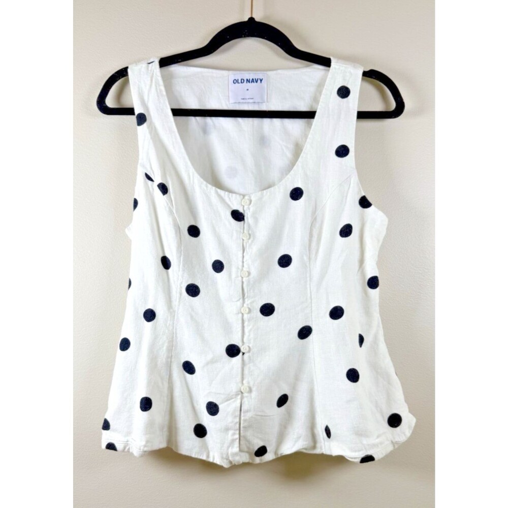 Old Navy Womens White/Black Polka Dot Scoop Neck Button Blouse Linen M